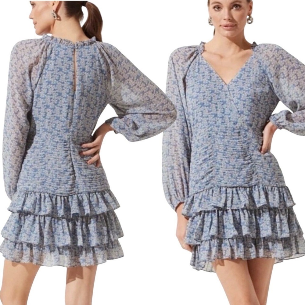 ASTR THE LABEL Blue Floral Ruched Ruffle Mini Long Sleeve Dress Size Large